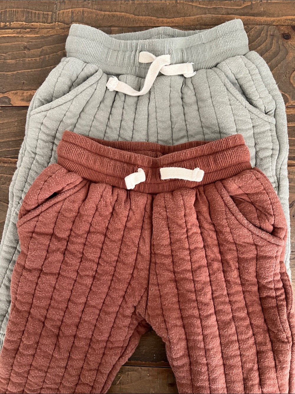 2 Rylee + Cru Quilted Joggers in Sage Gray & Rust Brown